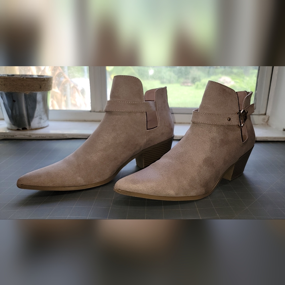 JUSTFAB Faux Suade Zip Heel Bootie with Buckle Detail